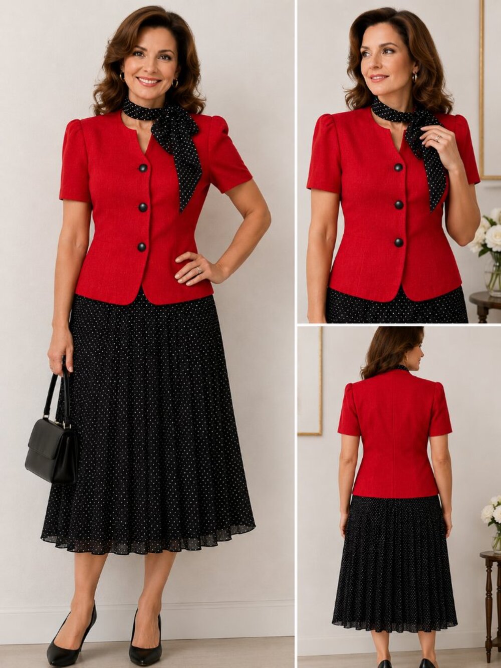 Vintage Leslie Fay 16P Red Blazer Black White Polka Dot Skirt 3 Piece Suit Scarf